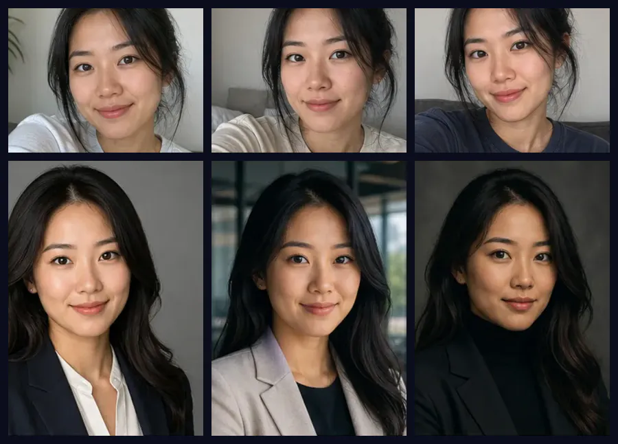 Three source selfies of Mina above three finished Professional portraits: Corporate Studio, Modern Office, and Executive Editorial
