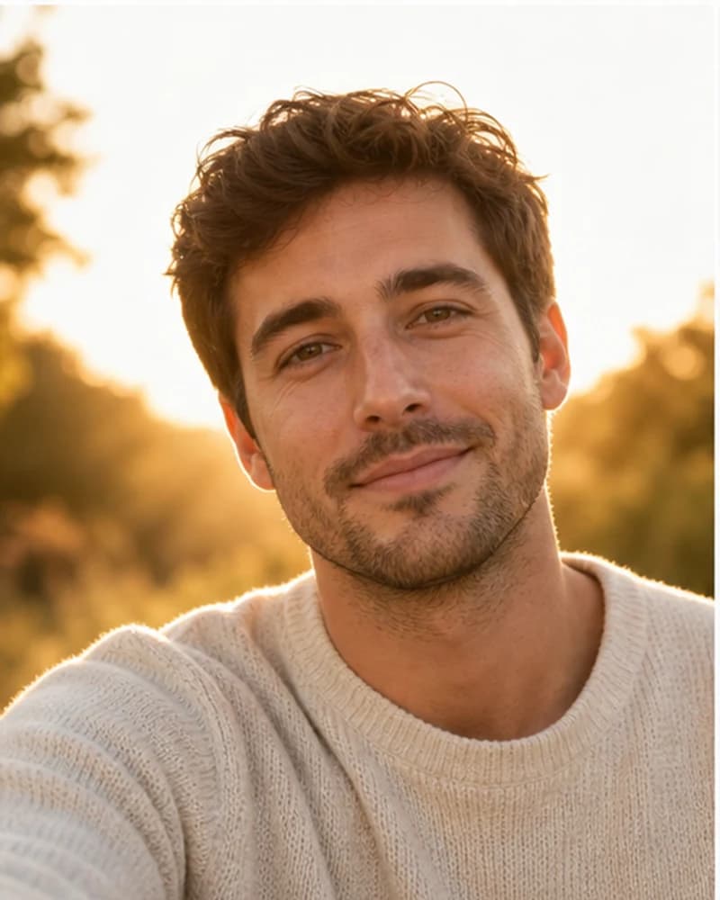 Dating and social golden hour transformation from the same source person for Riley, White man, early 30s, original demo subject.