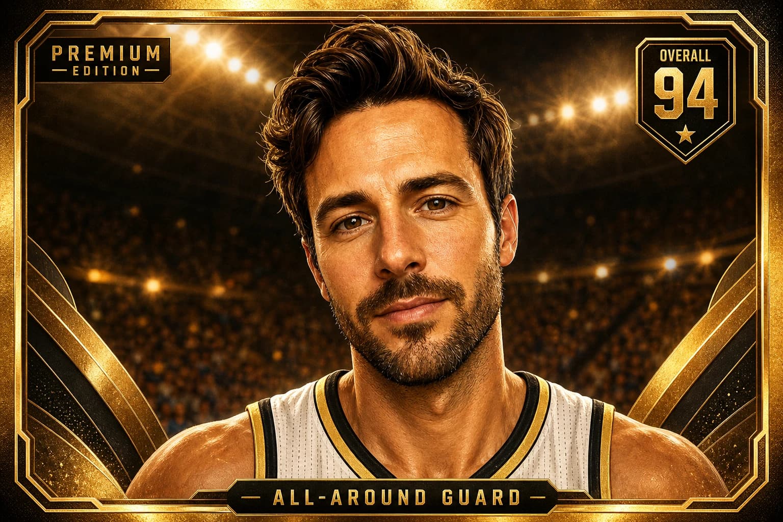 Collectible sports card hero portrait transformation from the same source person for Riley, White man, early 30s, original demo subject.
